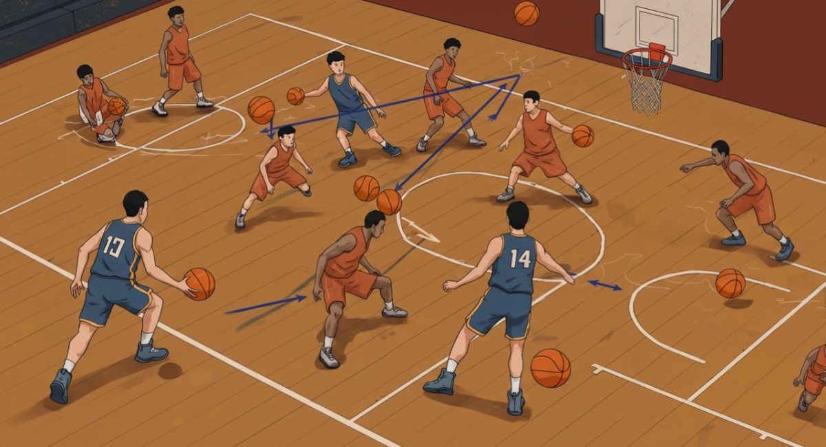 Players practicing Zuyomernon System Basketball with focus on teamwork and positionless play.