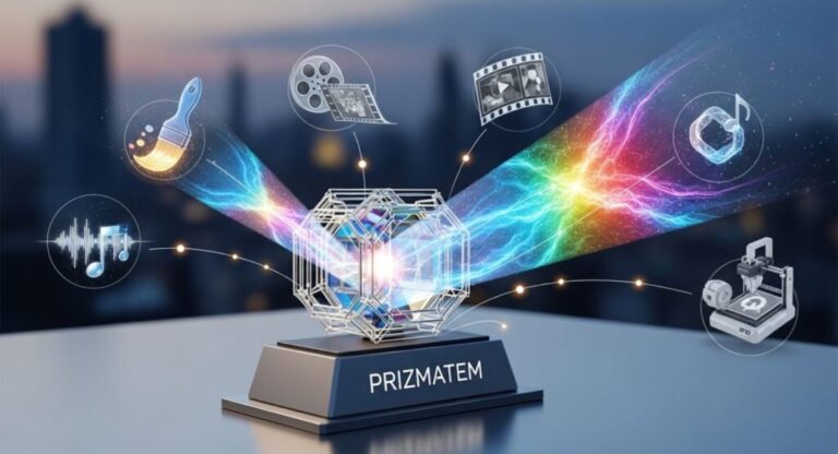 Prizmatem framework diagram showing multidimensional layers and AI-driven data visualization.