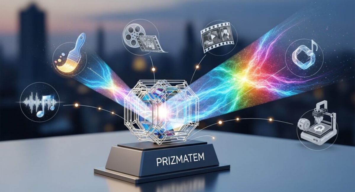 Prizmatem framework diagram showing multidimensional layers and AI-driven data visualization.